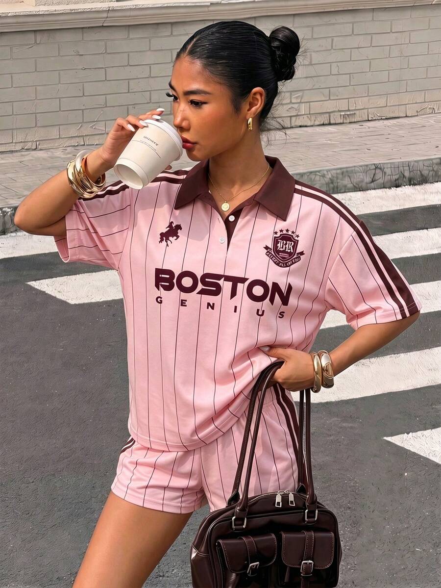 Muchica 女款多色條紋針織短袖 Polo 衫與配套短褲休閒兩件套 - 彩色 - 查看 1