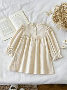 SHEIN 女嬰棉麻刺繡洋裝，可愛花卉刺繡荷葉邊長袖A字裙，新生兒波希米亞公主禮服 - 杏色 - 查看 3