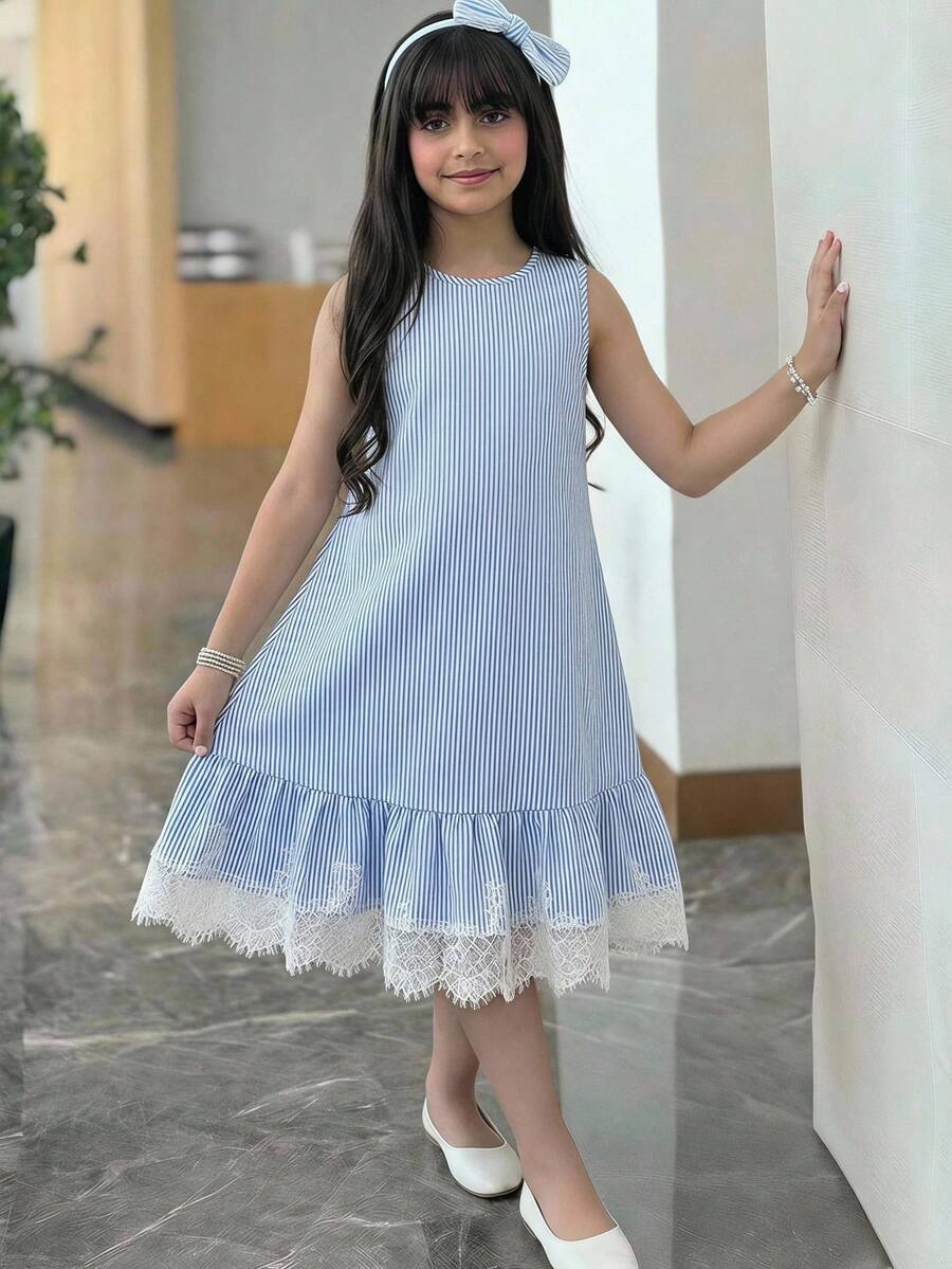 SHEIN Tween Girl Tween Girl Tween Girl Lace Decor Blue White Striped Sleeveless Ruffle Hem Summer Vacation Dress - Blue - View 1