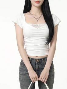Sweetina 極簡性感休閒蕾絲 2 合 1 荷葉袖女款 T-shirt - 白色 - 查看 3