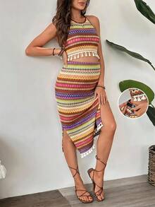SHEIN 孕婦專用鉤編多色流蘇下擺露背背心與裙子兩件套 - 橘色 - 查看 1