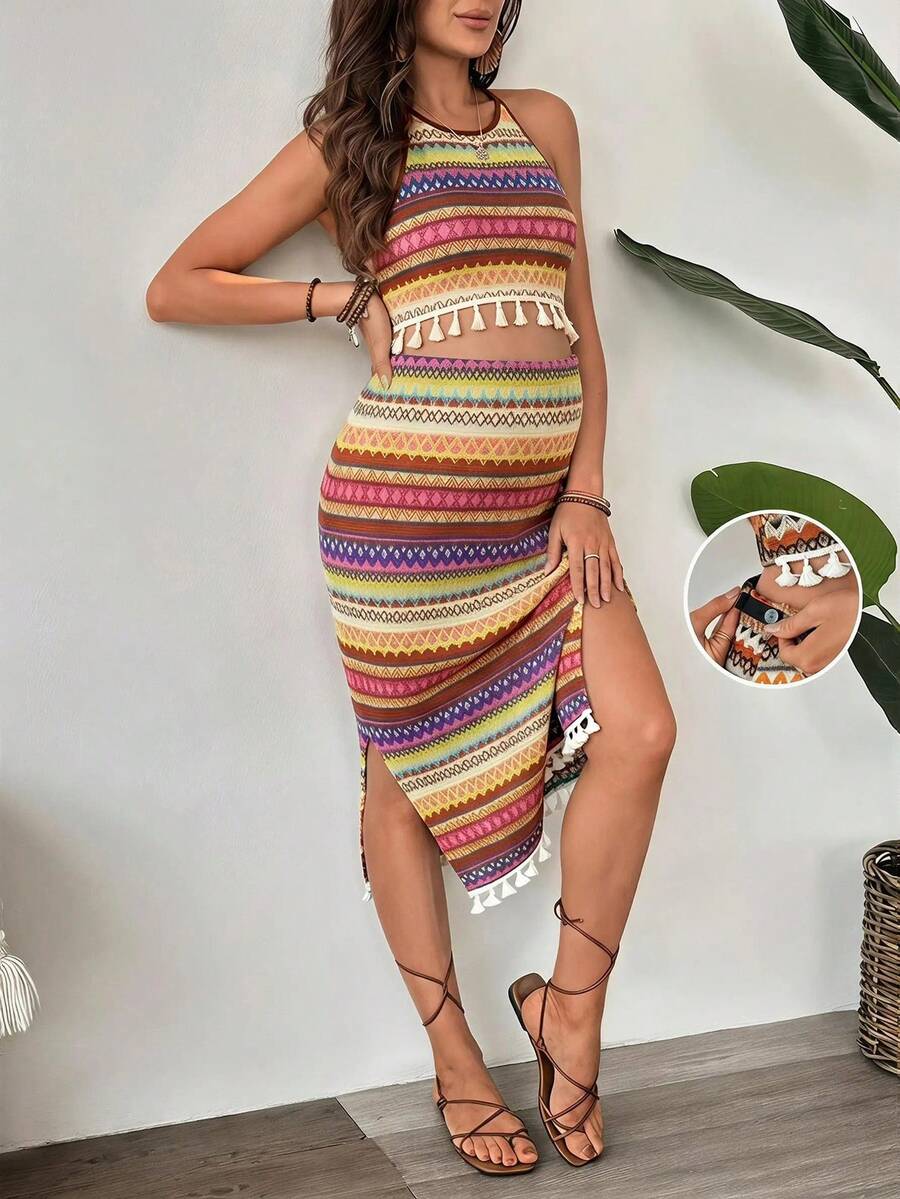 SHEIN 孕婦專用鉤編多色流蘇下擺露背背心與裙子兩件套 - 橘色 - 查看 1