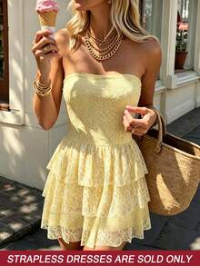 Cévolie Women's Lace Jacquard Strapless Short Dress - Yellow - View 1