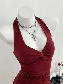 Elamini Women's Spring/Summer V-Neck Front Twist Sexy Casual Minimalist Bodysuit - Red - View 4