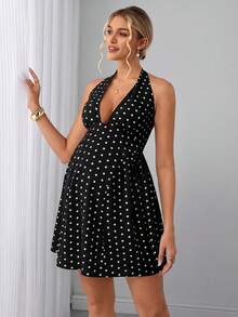 SHEIN Maternity Polka Dot Print Backless Halter Neck Dress - Black - View 4