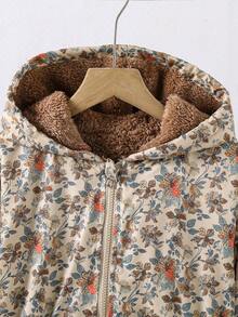 SHEIN Sparklyn 青少年女孩米色長袖休閒外套，抓絨面料，秋季服飾，酷女孩 It Girl 風格，可愛時尚經典梭織布料，花卉圖案連帽長款拉鍊外套 - 棕色 - 查看 7