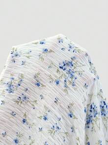 Lucivie 女款優雅V領蝙蝠袖修身上衣，白色與藍色花卉印花，夏季波希米亞風度假度假 Y2K 派對 - 藍色 - 查看 14