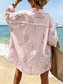 Vaclyn Women's Floral Print Striped Single-Breasted Shirt Dress, Suitable For Daily Wear, Vacation And Beach - Pink - View 5