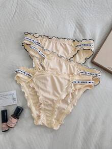 Napfluff Women's Frill Trim Letter Contrast Design Fashionable Cute Triangle Panties 3 Pieces Set - Multicolor - View 8