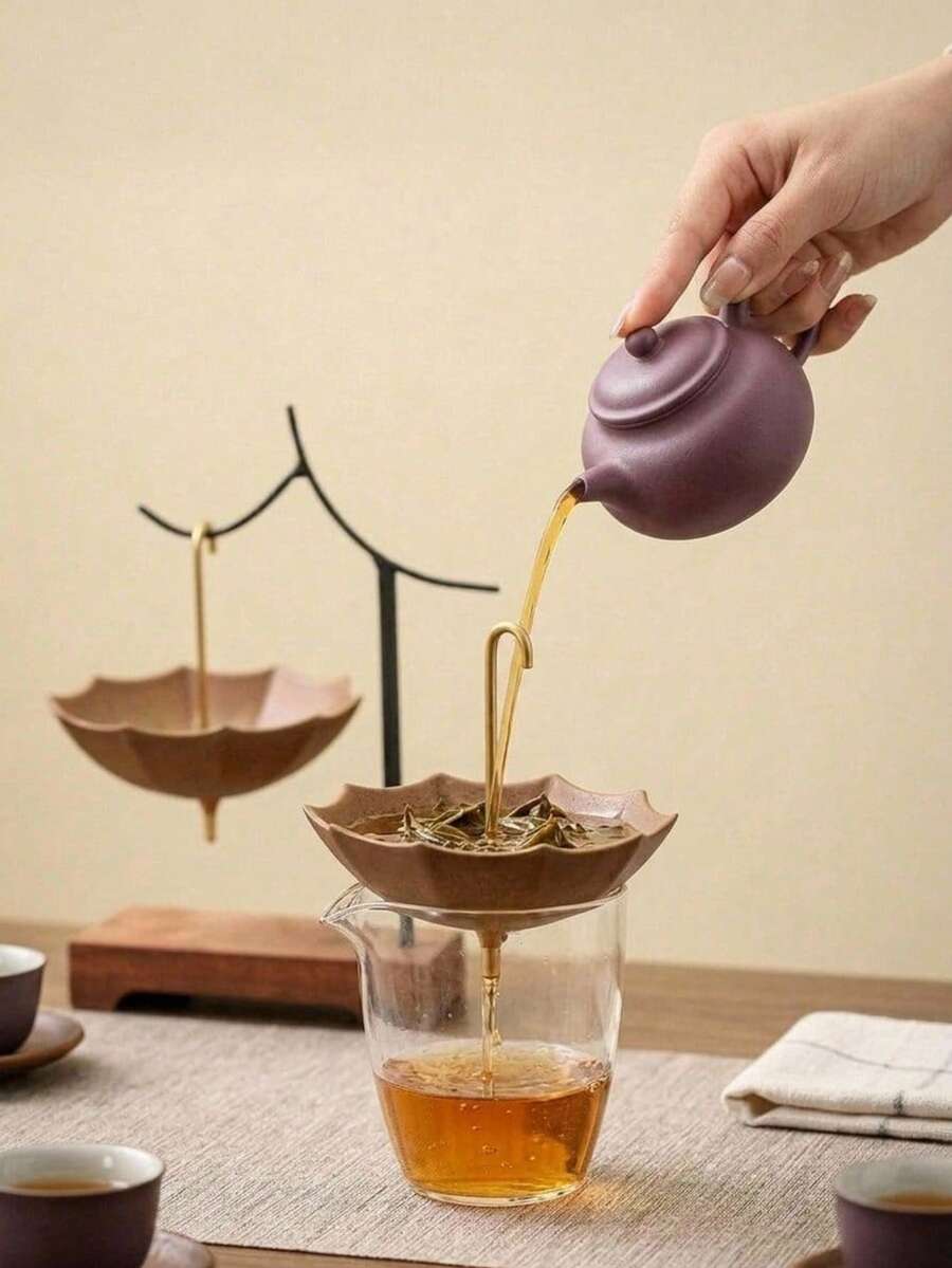 Cirelle Ceramic Tea Strainer With Stand, Creative Umbrella-Shaped Kung Fu Tea Infuser, Retro Pottery Tea Filter With Wooden Base And Branch Holder, Zen Tea Ceremony Accessories - Multicolor - View 1