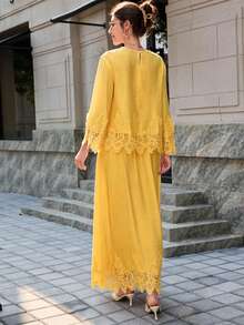 Modelyn Setelan 2 Potong Atasan dan Rok Patchwork Bordir Renda Putih Gaya Prancis untuk Wanita, Pakaian Elegan - Kuning - View 2