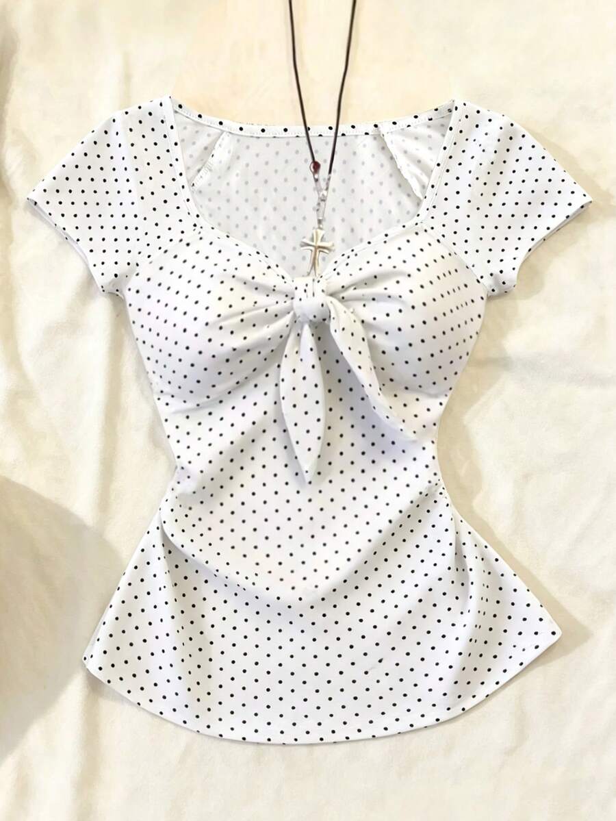 SHEIN 青少年女孩經典黑白波點復古風甜心領前領結甜美風T恤,適合日常搭配牛仔褲或百褶裙穿著 - 白色 - 查看 1