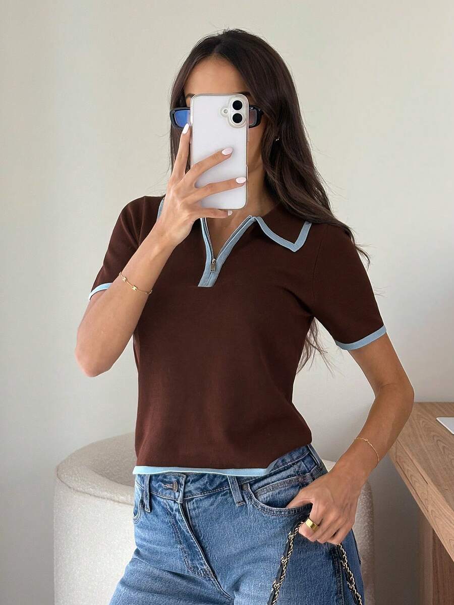 Firerie Women's Colorblock Casual Versatile Daily Wear Knit Short Sleeve Top - Brown - View 1