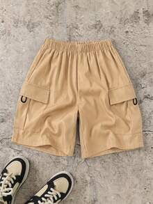 SHEIN Little Byeori 兒童青少年男孩休閒日常舒適寬鬆卡其色工裝短褲，SS26，夏季短褲，適合外出、情人節、約會、旅行、度假、家庭聚會、返校、運動、生日派對 - 卡其色 - 查看 4