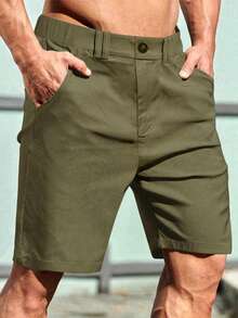 Manfinity Homme Men Solid Color Shorts With Pockets For Summer - Army Green - View 3
