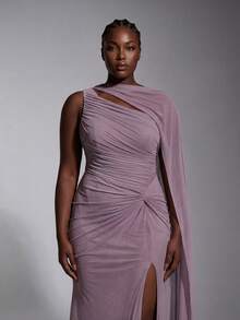 Elitara Plus Size Elegant Minimalist Grey-Purple One Shoulder Ruched Skirt With Knot Detail And Slit Mermaid Hem, Paired With Long Shawl, Suitable For Wedding, Event, Vacation, Birthday Party, Formal Evening Gown - Dusty Purple - View 8