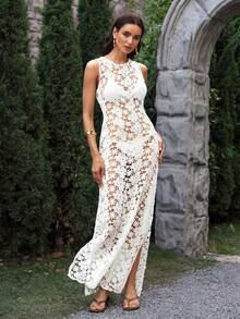 VOLUPTÉ CURVE Vestido de punto sexy con diseño floral calado para citas de mujer - Blanco - Ver 3