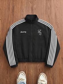 SWAVVY Spring/Autumn Casual Colorblock Striped Men's Jacket - Black - View 8
