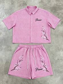 Manfinity Roghcode Herren Karo Buchstaben Blumen Muster Kurzarm Hemd und Shorts Lässig Alltag Set - Rot - Übersicht 3