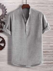 Manfinity Homme Camisa holgada para hombre con media botonadura y mangas remangables - Gris - Ver 1