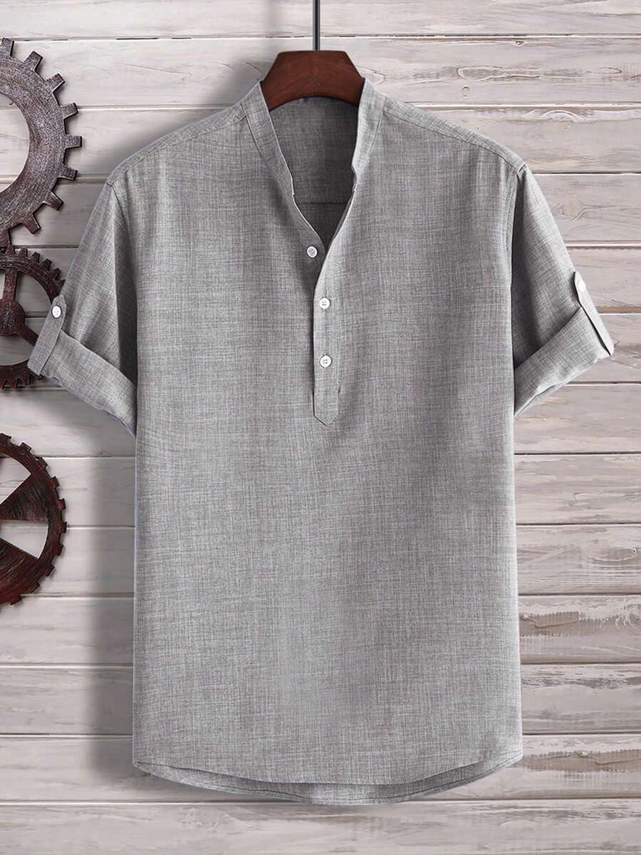 Manfinity Homme Camisa holgada para hombre con media botonadura y mangas remangables - Gris - Ver 1
