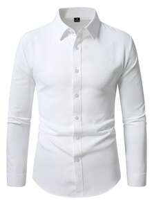 Manfinity Mode Camisa de un solo color de un solo pecho casual versátil para uso diario para hombres - Blanco - Ver 3