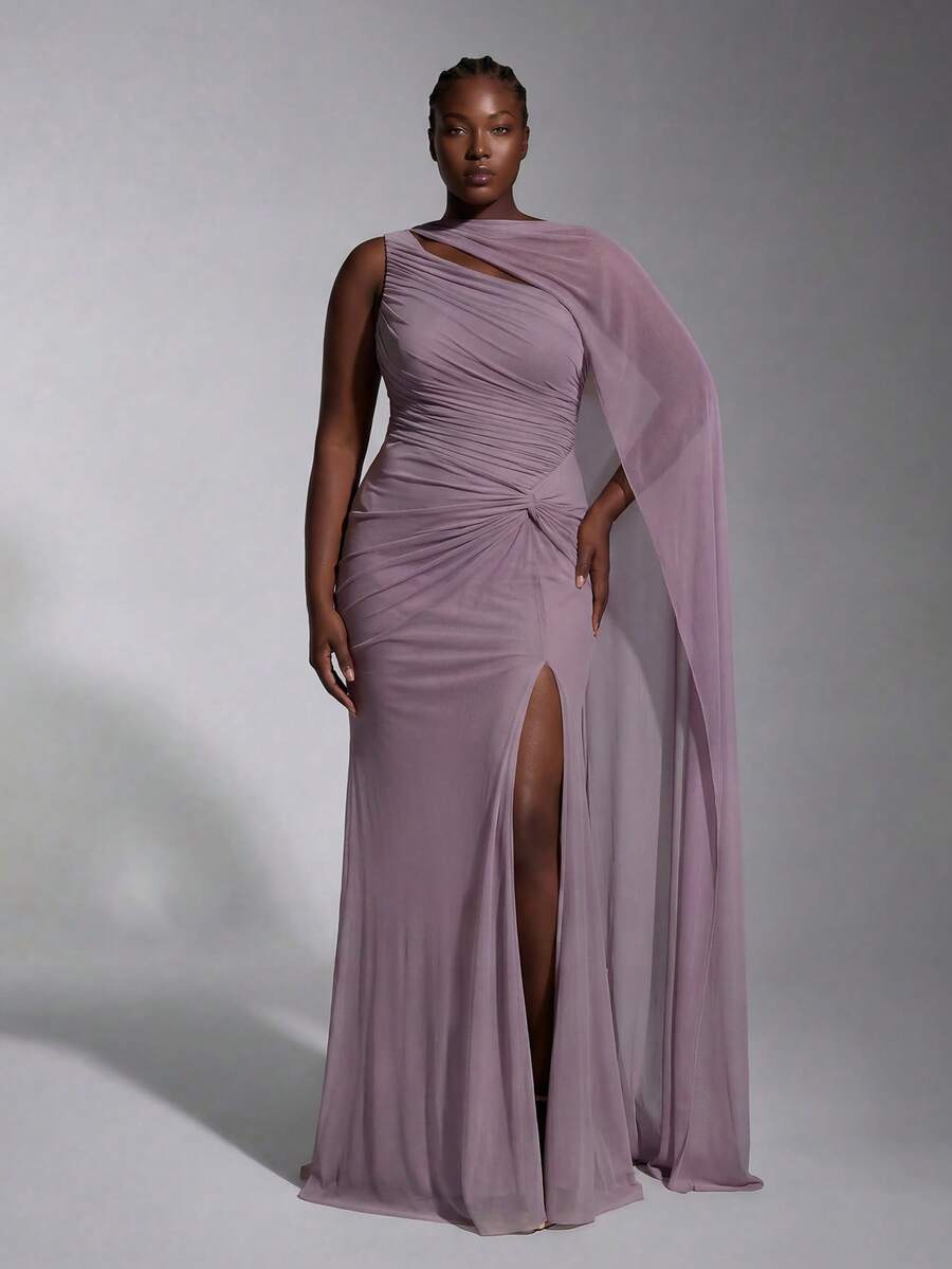 Elitara Plus Size Elegant Minimalist Grey-Purple One Shoulder Ruched Skirt With Knot Detail And Slit Mermaid Hem, Paired With Long Shawl, Suitable For Wedding, Event, Vacation, Birthday Party, Formal Evening Gown