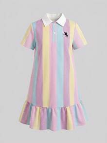 SHEIN Kids Tween Girl Blue And Yellow Striped Knight Print Button Half-Placket Short Sleeve Dress Back-To-School School Summer Cute Dress School Uniform - Multicolor - View 2
