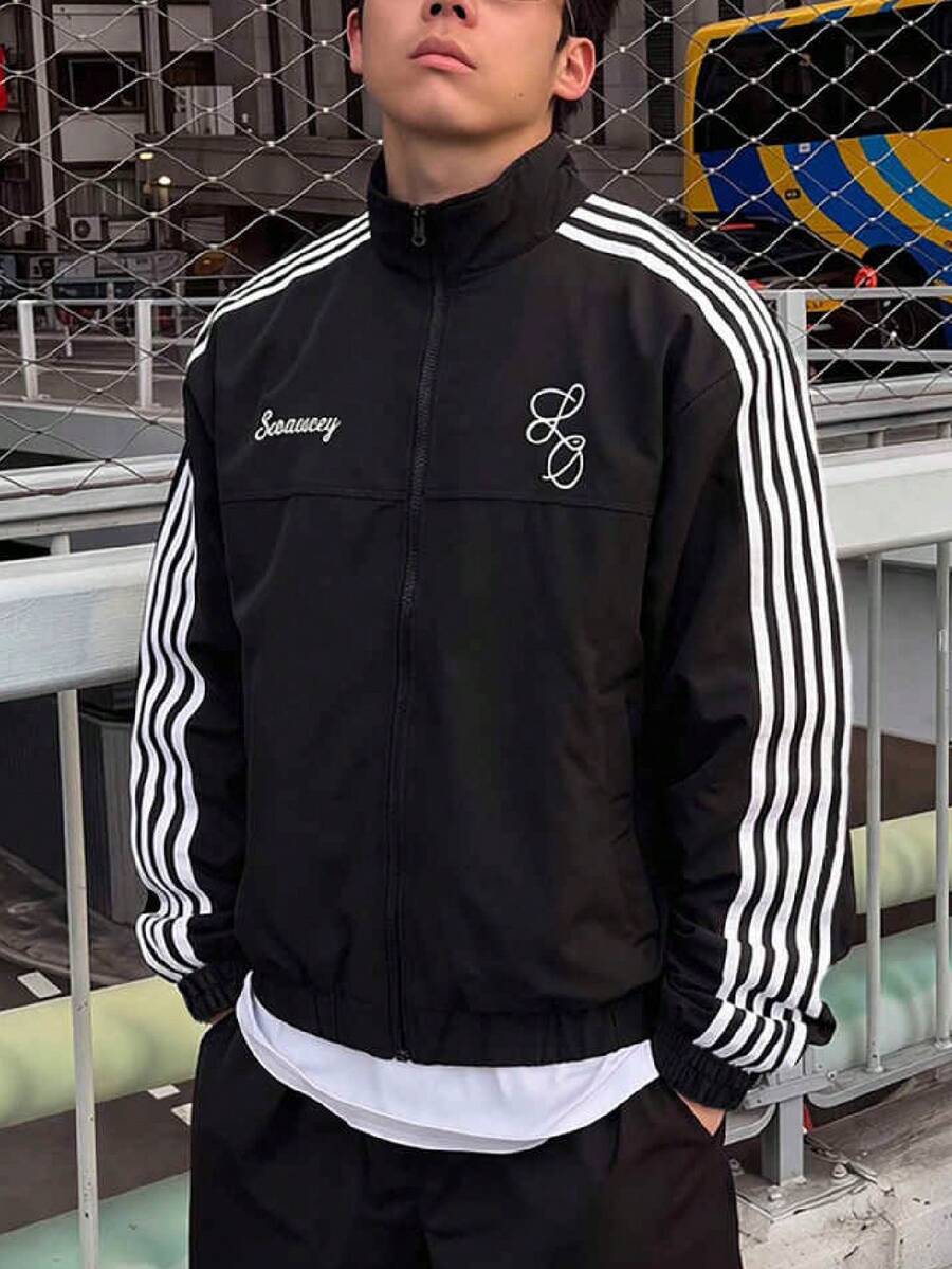 SWAVVY Chaqueta casual de hombre con bloques de color y rayas para primavera/otoño - Negro - Ver 1