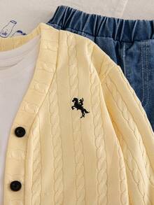SHEIN Sparklyn 女童針織刺繡外套套裝，休閒可愛學院風街頭穿搭，連帽衫、牛仔外套、開襟衫、毛衣，適合秋冬返校戶外穿著 - 棕色 - 查看 7