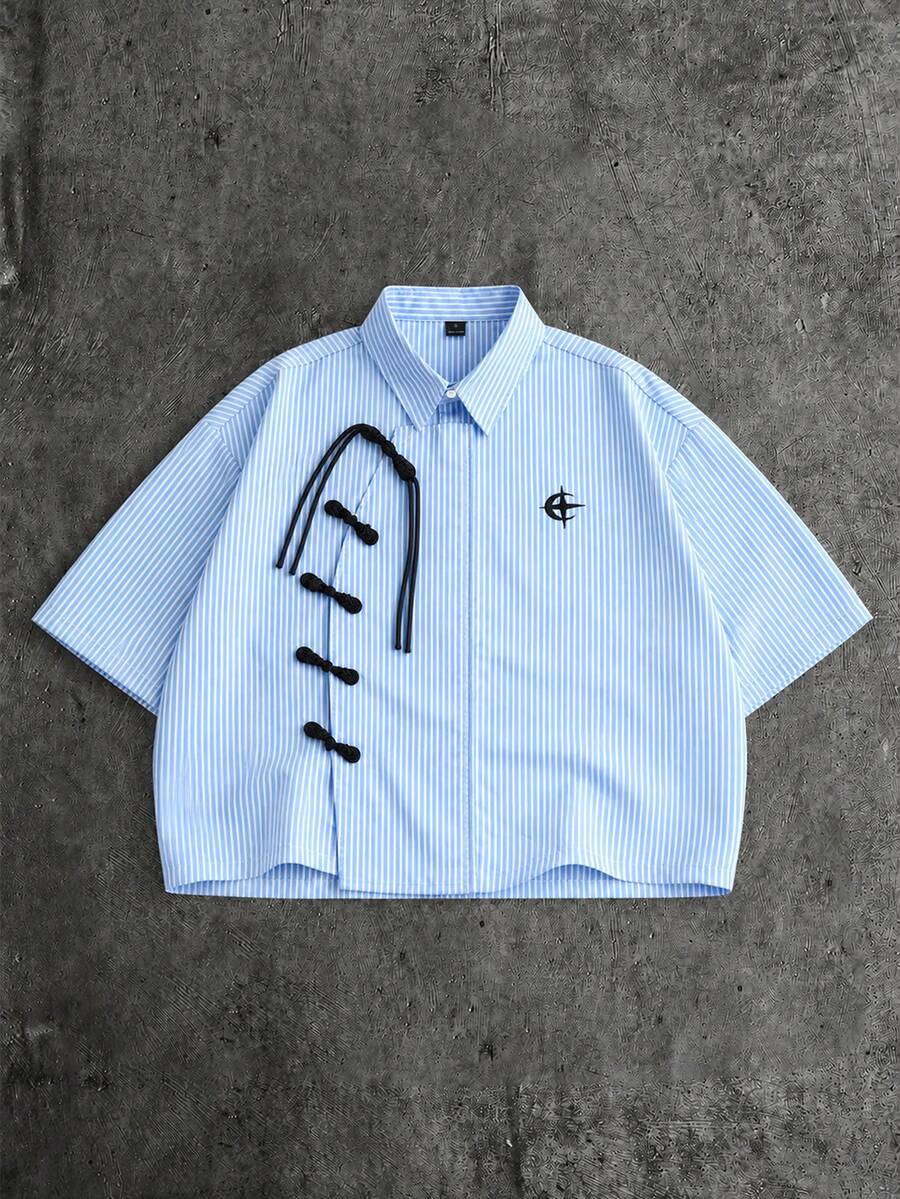 PAVTROS Men's Light Blue Stripe Cropped Shirt, Frog Button With Embroidered Logo, Casual Summer Wear - Blue and White - View 1