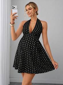 SHEIN Maternity Polka Dot Print Backless Halter Neck Dress - Black - View 3