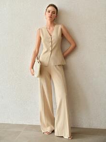 MOTF PREMIUM V-NECK SLEEVELESS KNIT VEST & PANTS SET FOR WOMEN - Apricot - View 6