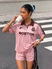 Muchica 女款多色條紋針織短袖 Polo 衫與配套短褲休閒兩件套 - 彩色 - 查看 4