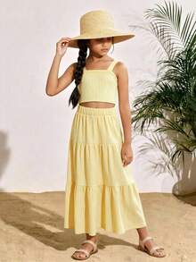 Tween Girls 2Pcs Textured Yellow Square Neck Cami Crop Top + Tiered Maxi Skirt Summer Vacation Outfit Set,Beach Holiday Outfit Bandage Dress - Yellow - View 3