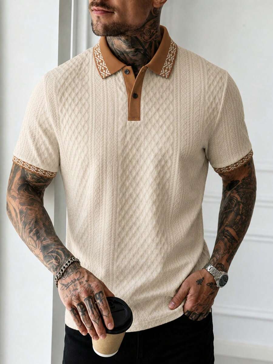 Manfinity Homme Camisa polo clásica de estilo bohemio con 2 botones, cuello y puños de punto jacquard de unicolor y ribete acanalado - Albaricoque - Ver 1