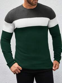 Manfinity Homme Men's Minimalist Colorblock Crew Neck Long Sleeve Sweater For Daily Wear - Dark Green - View 3