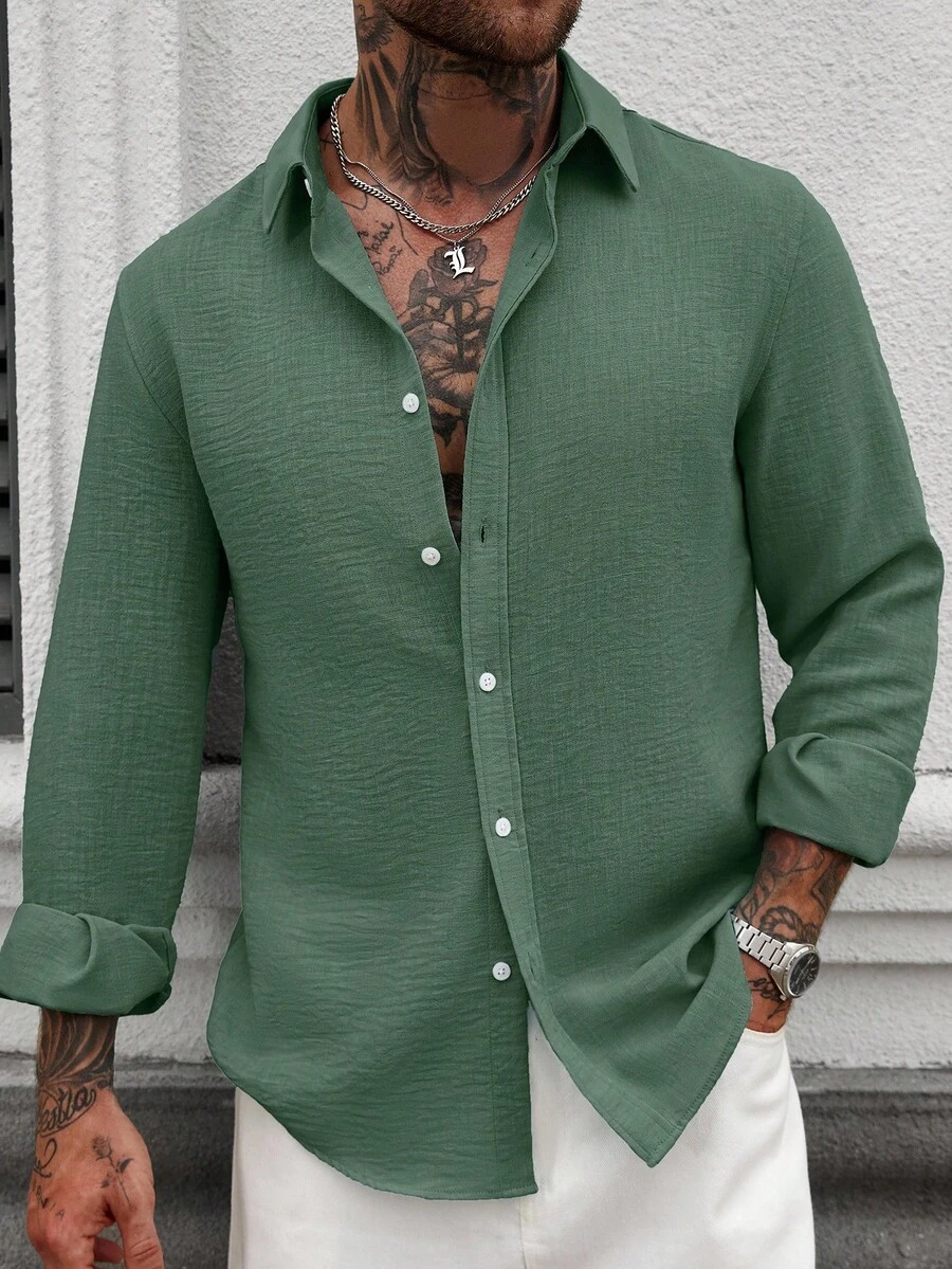 Manfinity CasualCool 純色前扣長袖休閒亞麻襯衫 儀式穿搭 - 綠色 - 查看 1