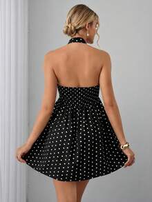 SHEIN Maternity Polka Dot Print Backless Halter Neck Dress - Black - View 2