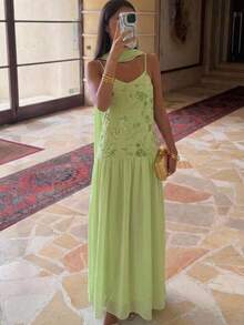 Aloruh Elegante abito da vacanza romantico in chiffon con paillettes e patchwork, con fiocco, stile dea per appuntamenti - Verde - Visualizzare 5