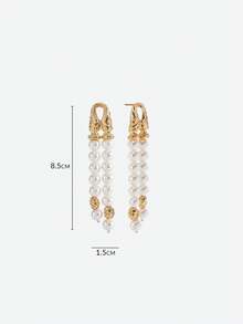 Opalesca Pendientes largos de perla con borlas de 18 K, adecuados para uso diario, atuendos, dinero antiguo, accesorios de boda/novia, joyería occidental, Fairycore/Fairy, perla, otoño/invierno, para mamá/mujer/niña/madre, elegante - Dorado - Ver 6