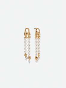 Opalesca Pendientes largos de perla con borlas de 18 K, adecuados para uso diario, atuendos, dinero antiguo, accesorios de boda/novia, joyería occidental, Fairycore/Fairy, perla, otoño/invierno, para mamá/mujer/niña/madre, elegante - Dorado - Ver 5