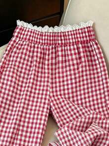 SHEIN LUNE Celana Panjang Kasual Wanita Ukuran Besar Motif Kotak-kotak Merah Potongan Lurus dengan Hiasan Renda, Musim Semi/Panas/Gugur - Red and White - View 4