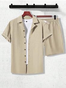 Manfinity RSRT 2pcs/Set Men Summer Solid Color Button-Up Shirt And Shorts Summer Two Pieces Set, Vacation Outfits, - Khaki - View 4