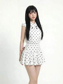 Sweetina 女款波點短袖上衣與短褲休閒日常套裝 - 白色 - 查看 5