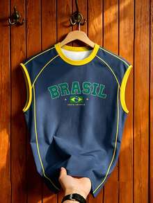 Manfinity Campus Court 男士復西隊足球背心，美國 BRASIL 10 印花無袖時尚運動上衣，夏季休閒運動背心，足球用品，度假 - 彩色 - 查看 3