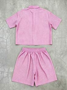 Manfinity Roghcode Herren Karo Buchstaben Blumen Muster Kurzarm Hemd und Shorts Lässig Alltag Set - Rot - Übersicht 2