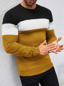Manfinity Homme 男士拼色圓領長袖休閒毛衣 - 黃色 - 查看 1