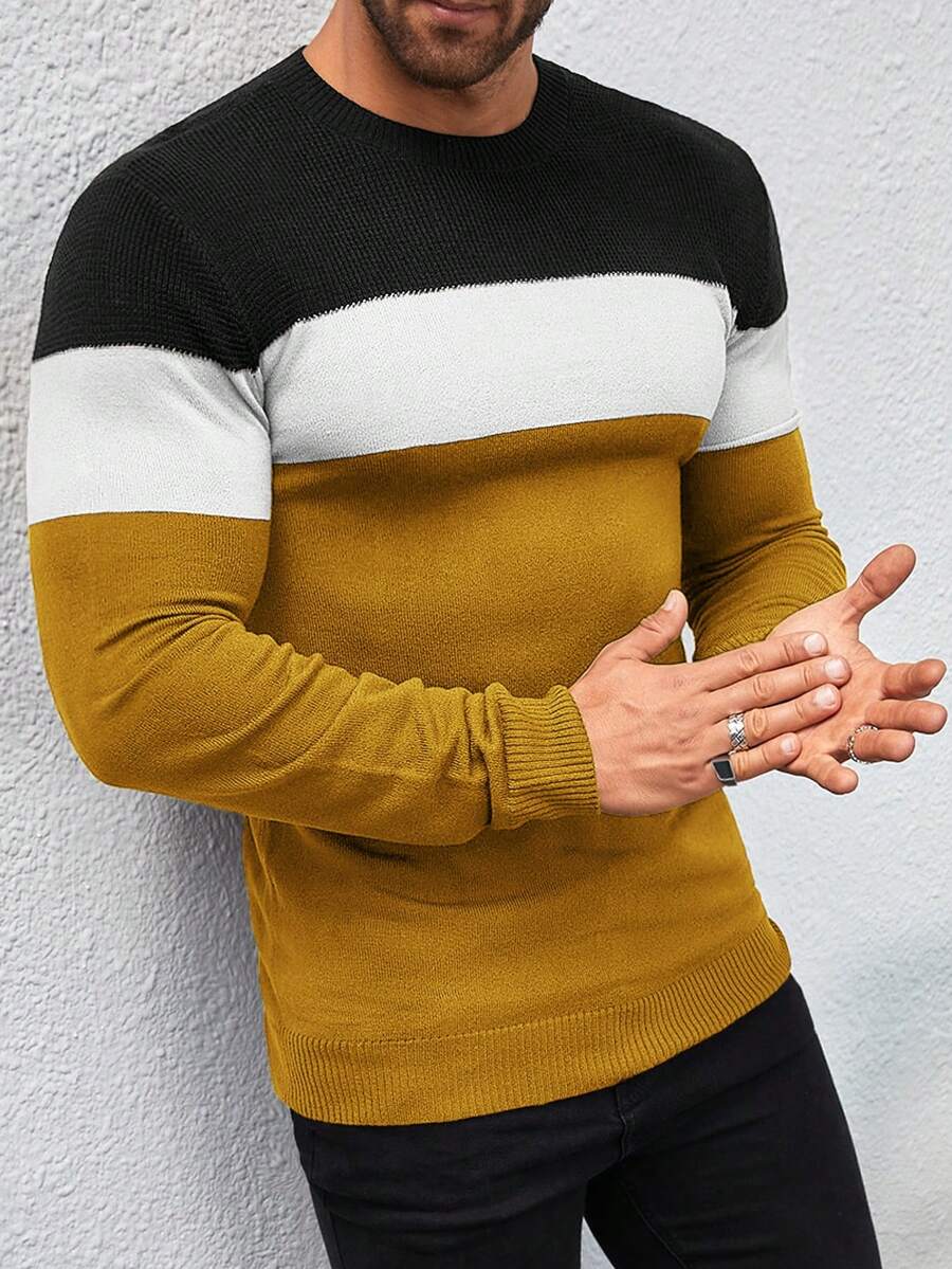 Manfinity Homme 男士拼色圓領長袖休閒毛衣 - 黃色 - 查看 1