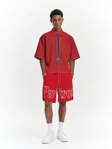 PAVTROS Men's Solid Color Loose Fit Short Sleeve Shirt With Tie - Red - View 3